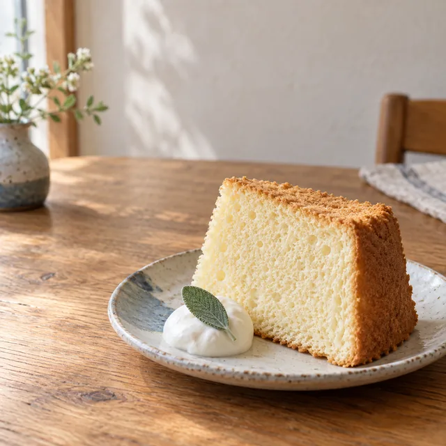 手作りの器にのせたふんわりシフォンケーキ