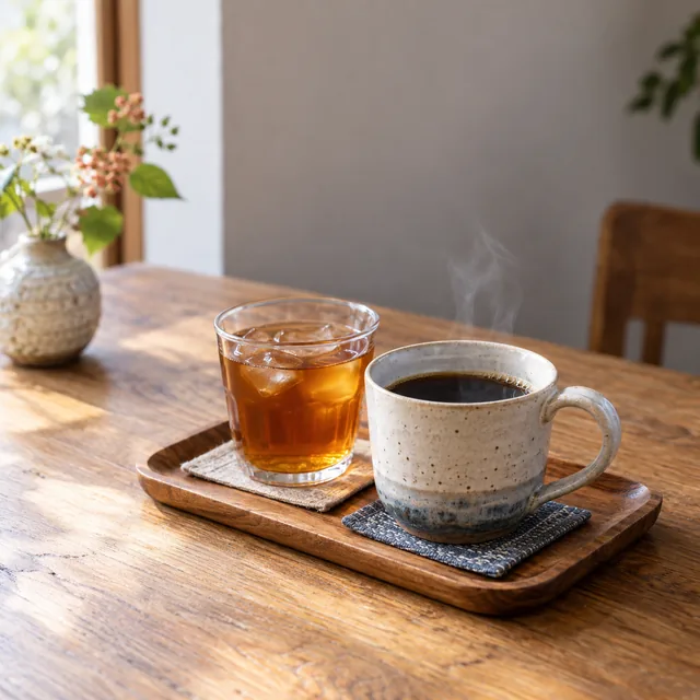木のトレーにのせた珈琲とアイスティー