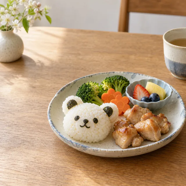 くまの形のごはんと野菜を盛り付けた子ども用プレート