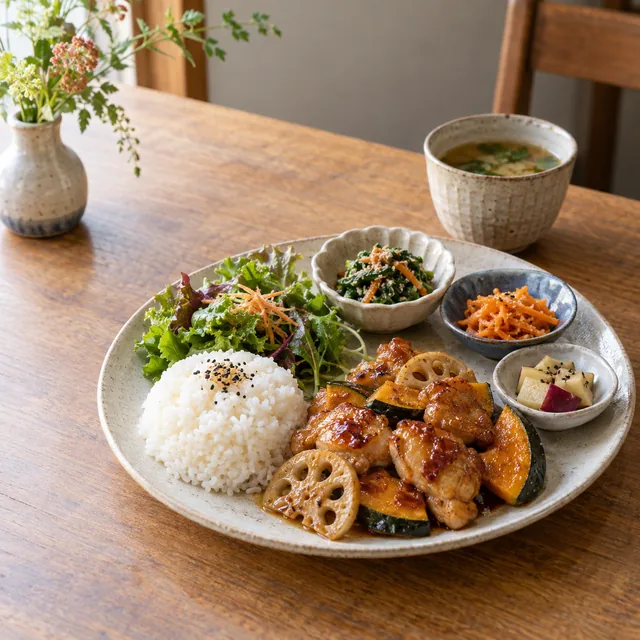 季節の野菜と鶏料理を盛り合わせたこより膳